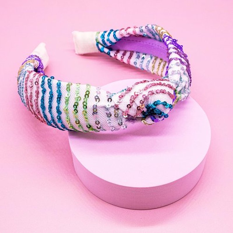 FROG SAC Knot Headband for Girls, Knotted Hair Bands for Kids, Sparkly Girl Hair Accessories (White-Sequin)