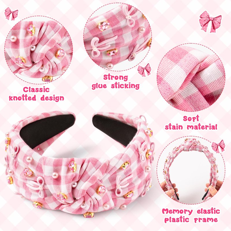 Y1tvei Bow Checked Knotted Headband - Coquette Pink Bow Checked Crystal Rhinestone Pearl Embellished Headband Wide Top Knot Fashion Non Slip Trendy Plaid Hair Accessories Gift for Women Christmas