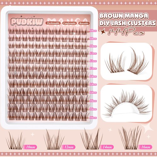 PVDKIW Brown Lash Clusters Wipsy Manga Lashes Clusters Natural Eyelash Clusters Dark Brown Lashes C Curl Cluster Eyelash Extensions Invisible Band False Eyelashes 10-16mm Cluster Lashes 144Pcs