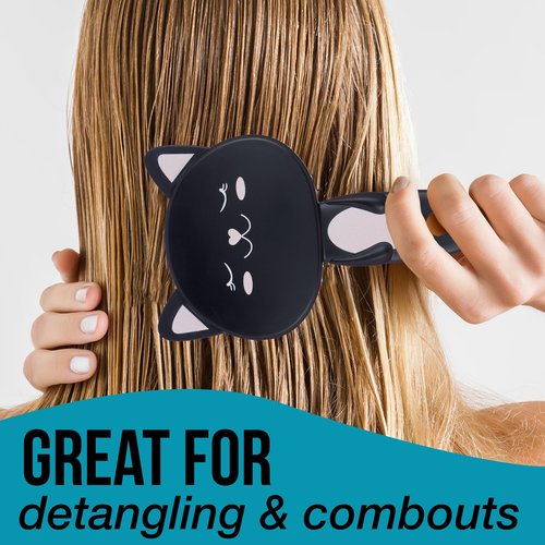 Hairbrush - 1pc Cute Animal Character Hairbrush, Comfort & Control Cushion Hair Brush w/Gentle Bristles, Cushion Base, and Animal Ears (BLACK CAT)