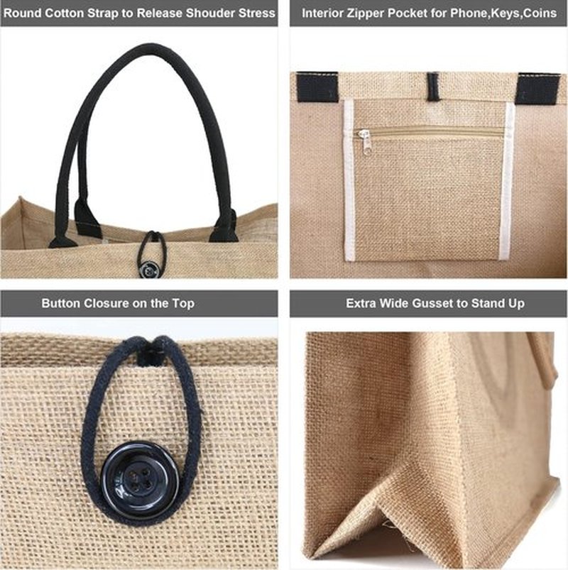 BeeGreen Jute Beach Bag - Extra Large 20'' x 16'' x 7.25'' Tote with Inner Zipper Pocket | Personalized Black Canvas Design