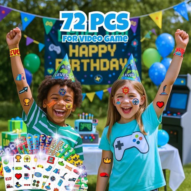 Cherisnowy 72PCS Video Game Party Set | 48PCS Temporary Tattoos & 24PCS Slap Bracelets - Gamer-Themed Birthday Supplies, Baby Shower Gifts, Classroom Rewards & Party Decor for Kids (Boys & Girls)