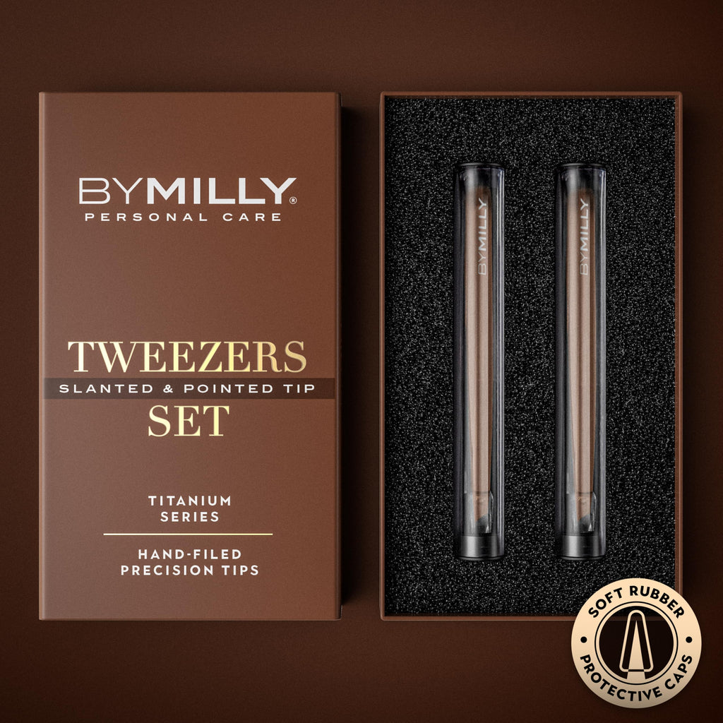 By MILLY Precision Tweezers Set | Titanium Series | Slanted and Pointed Tip Tweezers Kit | Aligned & Hand-Filed Tweezer Set Professional | Hair Removal & Eyebrow Tweezers | Rose Gold
