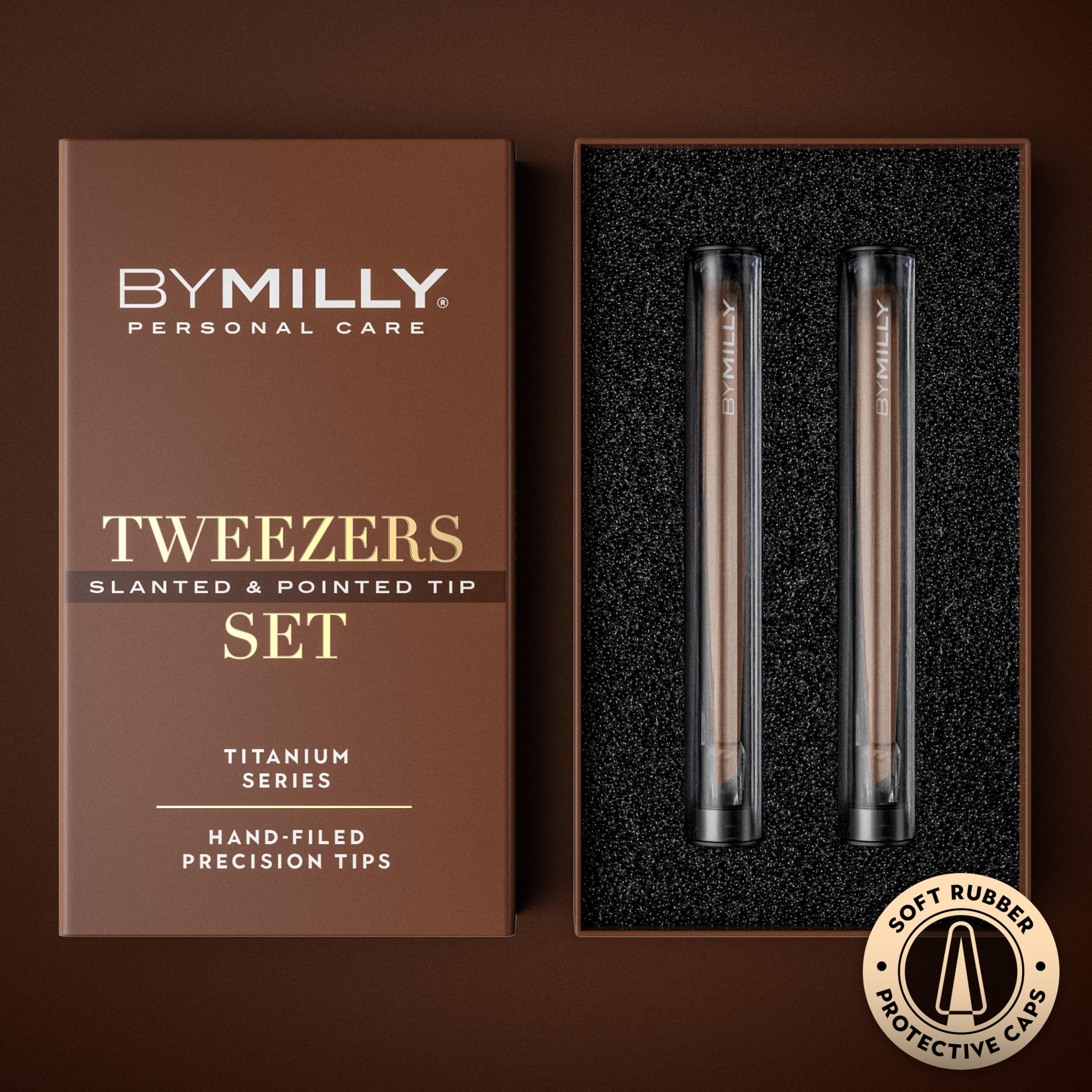 By MILLY Precision Tweezers Set | Titanium Series | Slanted and Pointed Tip Tweezers Kit | Aligned & Hand-Filed Tweezer Set Professional | Hair Removal & Eyebrow Tweezers | Rose Gold