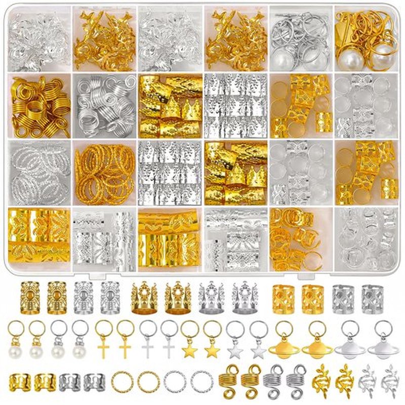 296PCS Hair Jewelry for Braids, Gold & Silver Hair Cuffs Charms Braid Jewelry Metal Hair Clips for Locs Braid Clips Hair Rings Decorations for Women Men Unisex