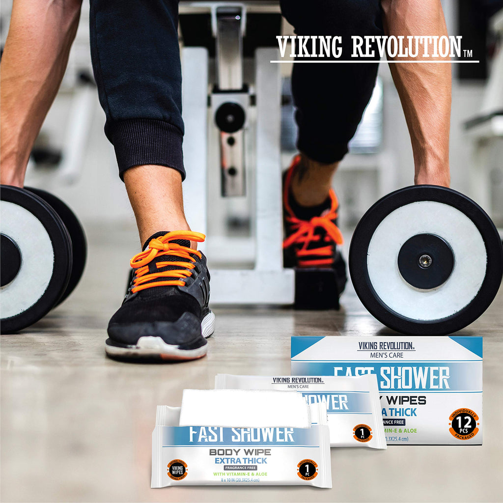 Viking Revolution Body Wipes for Men - Gym Wipes, Shower Wipes - Disposable and Eco-Friendly - Unscented Wet Wipes with Vitamin E and Aloe - 12 Individually Wrapped Wipes
