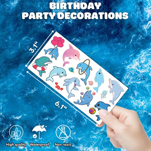 96 PCS Funny Ocean Dolphin Temporary Tattoos Sticker Blue Under The Sea Animal Fish Dolphin Birthday Party Decorations Supplies Favors Gifts Boys Girls Baby Shower Cute Tattoo School Reward Themed