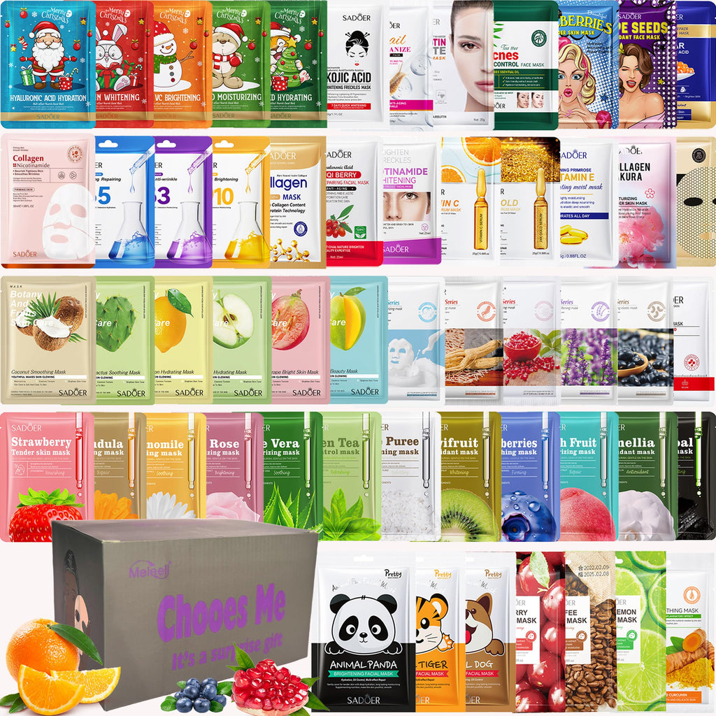 Meleell 55 Pack Collagen Face Masks Skincare Bulk,Sheet Masks Variety Set with Animal, Bubble, Christmas & Fruit Facial Masks, Skincare Gift Box for Women, Teens & Spa Lovers