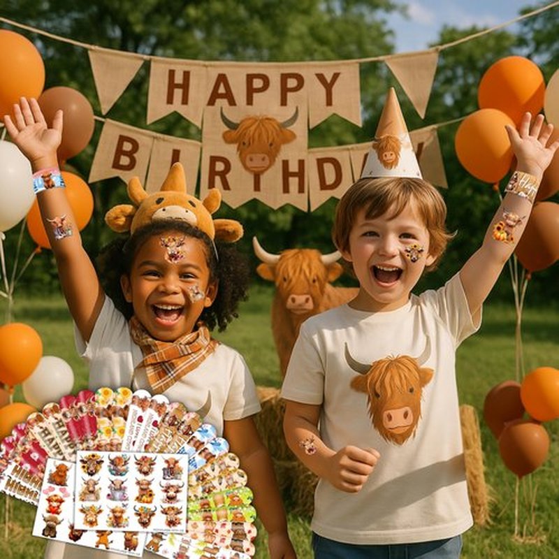 Cherisnowy 48PCS Highland Cow Party Set - 24PCS Temporary Tattoos & 24PCS Slap Bracelets - Farm-Themed Birthday Supplies, Baby Shower Gifts, Classroom Rewards & Party Decor for Kids (Boys & Girls)
