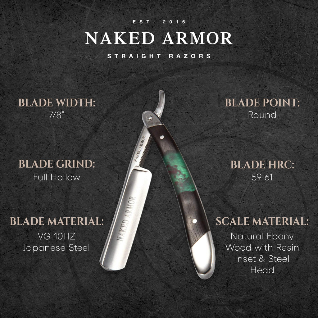 Naked Armor Professional Straight Razor for Men - Shave Ready 7/8" Japanese Steel Straight Edge Razor - Mador Series with Hand-Crafted Ebony Wood Handle, Leather Case & Gift Box