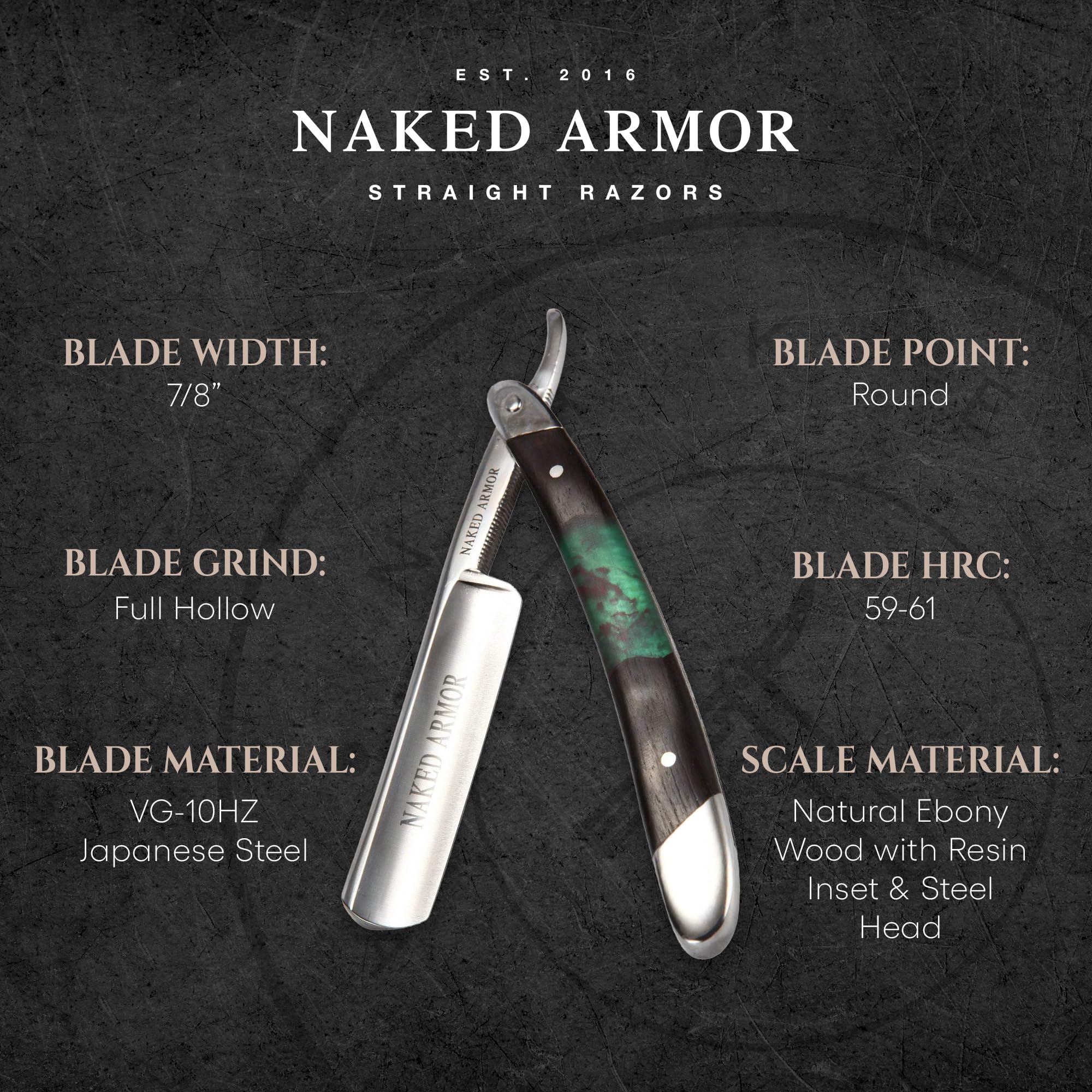 Naked Armor Professional Straight Razor for Men - Shave Ready 7/8" Japanese Steel Straight Edge Razor - Mador Series with Hand-Crafted Ebony Wood Handle, Leather Case & Gift Box