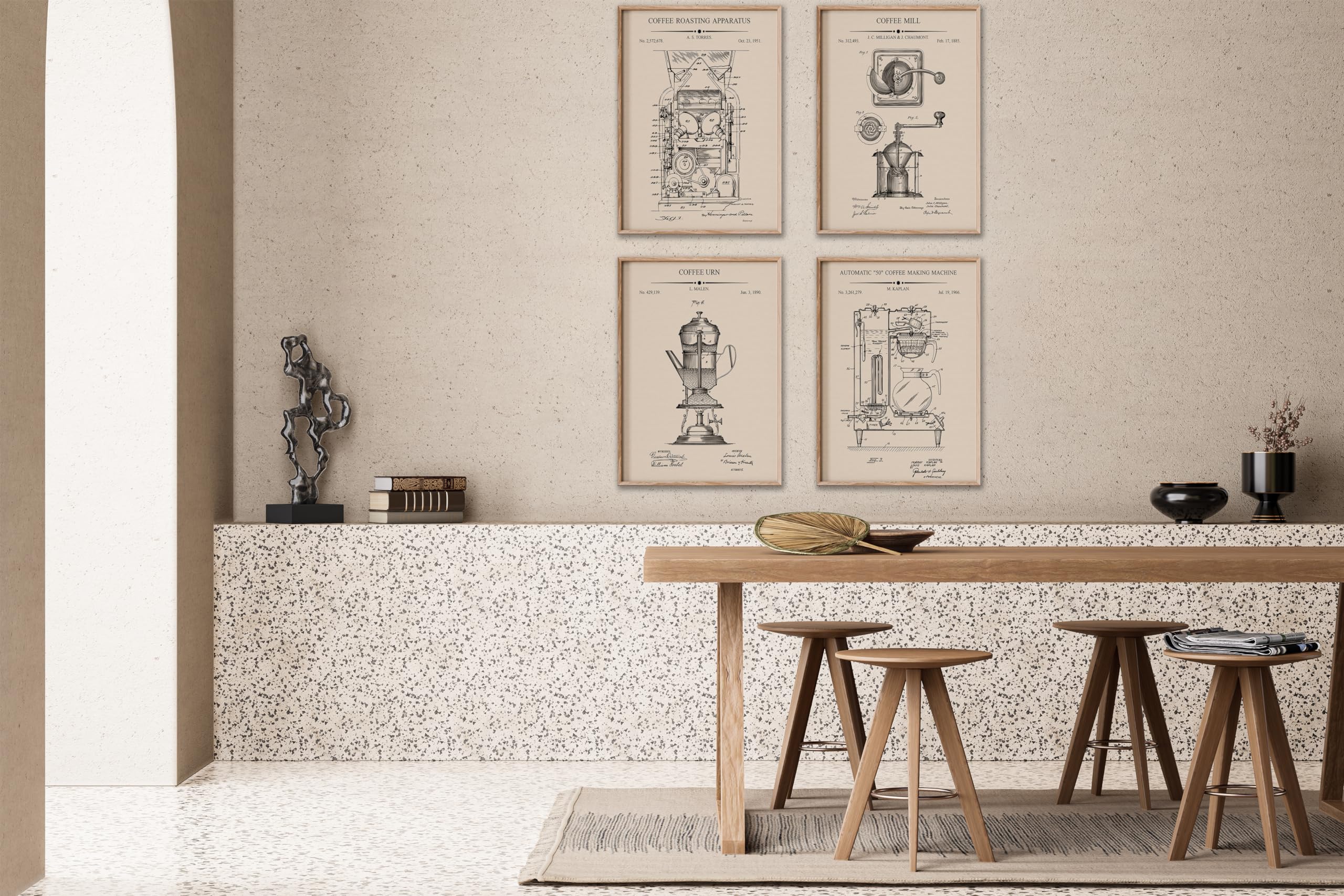 Monem Art 4-Piece Coffee Blueprint Poster - Roaster Patent Print - Coffee Mill Making Machine & Pot Art - Cafe Wall Decor - 8x10 UNFRAMED Wall Art