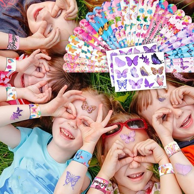 48 PCS Butterfly Party Set: 24 PCS Temporary Tattoos & 24 PCS Slap Bracelets - Cute Butterfly-Themed Gifts for Kids, Girls, Boys - Birthday Parties, Baby Showers, Classroom Rewards, Party Decorations