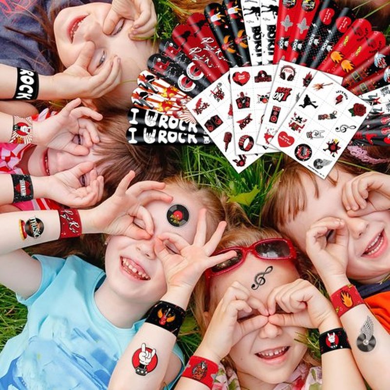 Cherisnowy 72PCS Rock and Roll Party Set 48PCS Temporary Tattoos 24PCS Slap Bracelets Music Themed Birthday Supplies, Baby Shower Gifts, Classroom Rewards & Party Decor for Kids Boys Girls