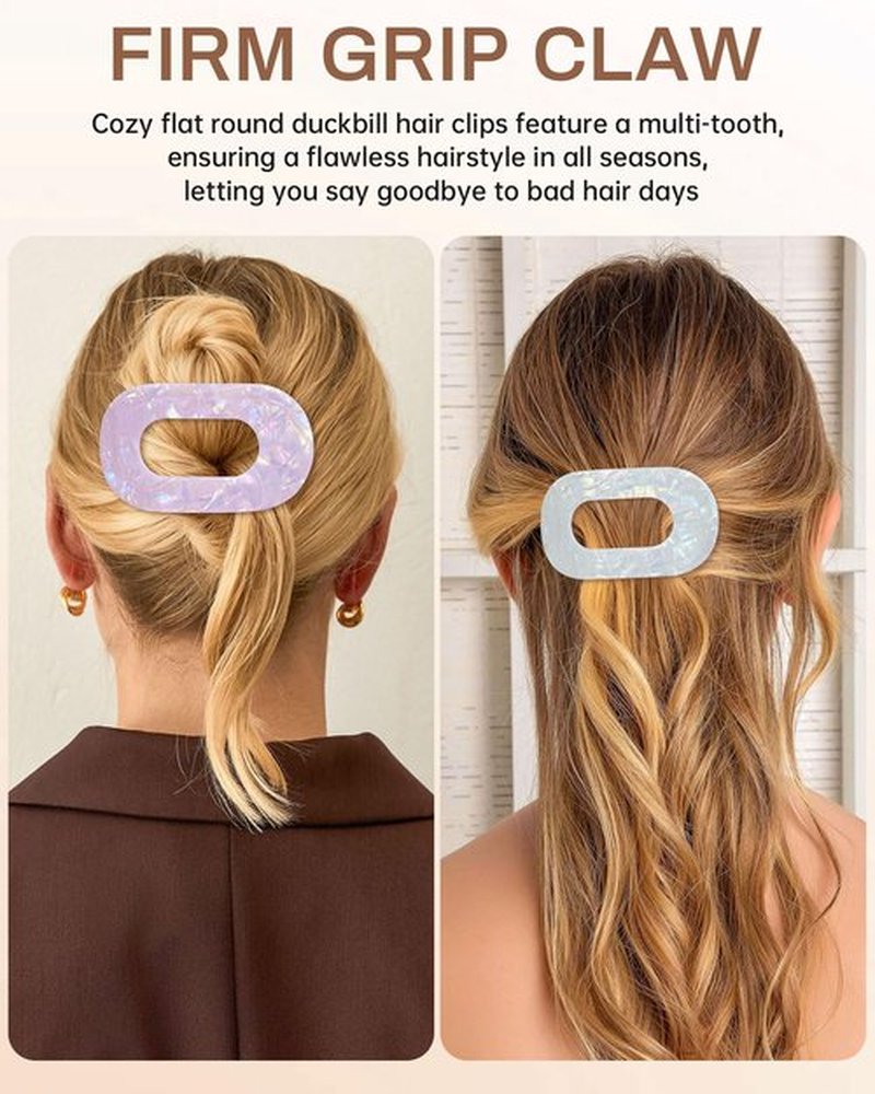Mesovor 4 Pack French Flat Hair Clips for Women, 3.74" Nonslip Stylish Round Duckbill Lay Flat Hair Claw | Side Slide Volume Flat Hairclips for Lying Down, Yoga, Driving (Mermaid Colorful)