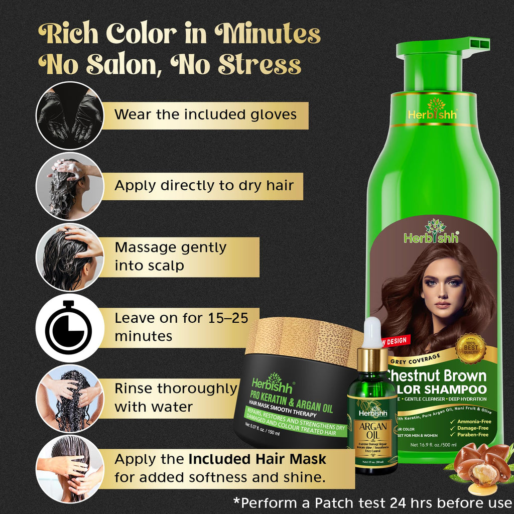 Herbishh After Color Shampoo Combo, 1 Hair Color Shampoo Hair Dye 500ml Argan Oil + 30ml Pro Keratin + 150 ml Argan Hair Mask, Hair Straightening, Shine And Protection, Men And Women (Chestnut Brown)
