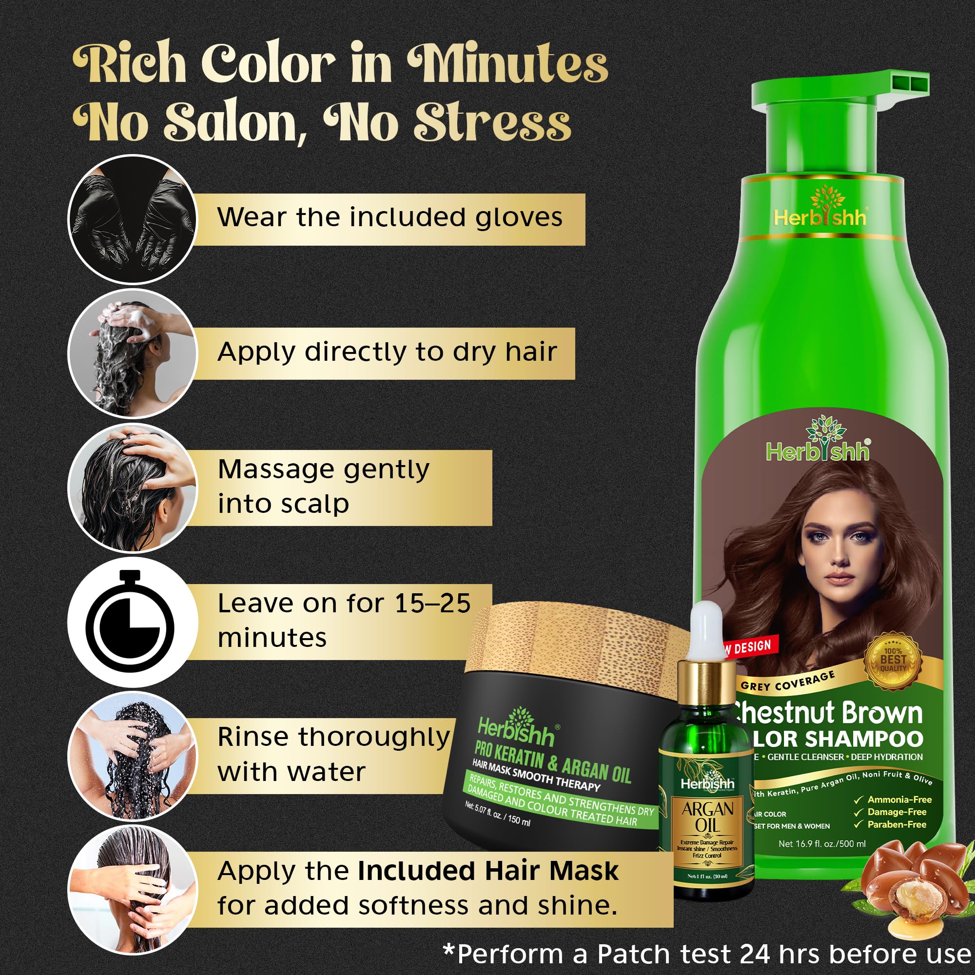 Herbishh After Color Shampoo Combo, 1 Hair Color Shampoo Hair Dye 500ml Argan Oil + 30ml Pro Keratin + 150 ml Argan Hair Mask, Hair Straightening, Shine And Protection, Men And Women (Chestnut Brown)