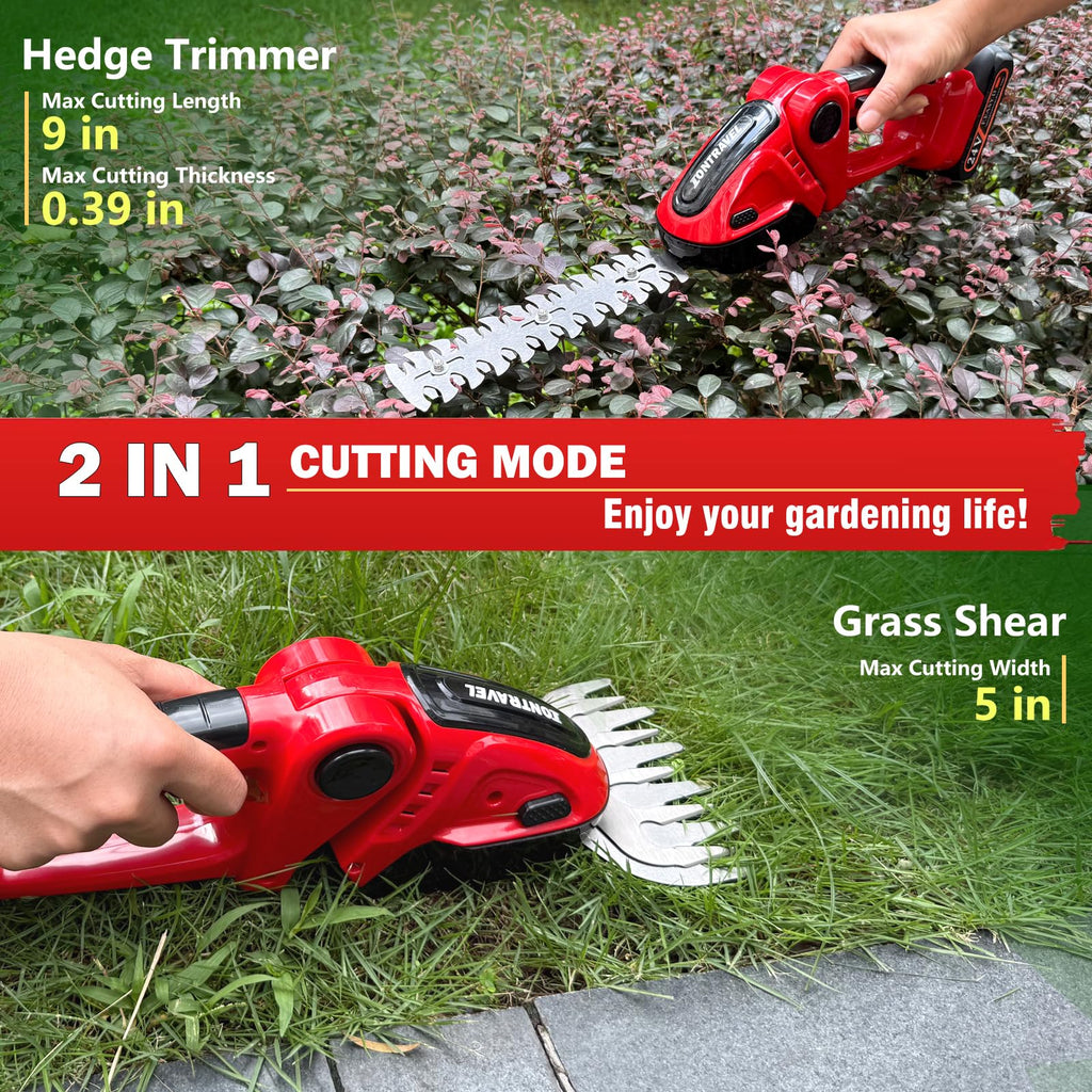 Cordless Hedge Trimmer-24V Electric Shrub Trimmer Grass Shears Handheld Grass Cutter, Hedge Shear with 2 PCS Rechargeable Battery, Charger and Toolbox to for Garden, Lawn, Red