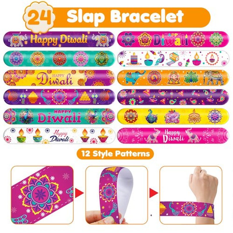Cherisnowy 72PCS Diwali Party Set - 48PCS Temporary Tattoos & 24PCS Slap Bracelets - Festival Happy Indian -Themed Birthday Supplies, Baby Shower Gifts, Classroom Rewards & Party Decor for Kids