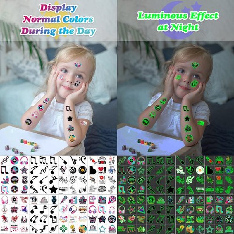 96PCS Music Note Notes Musical Pre-Cut Luminous Glow in the dark Temporary Tattoos for Kids Birthday Themed Party Supplies Decorations Favors Super Cute Instrument Tattoo Stickers Gifts for Girls Boys