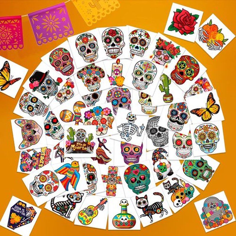 HOWAF 96pcs Day of the Dead Face Tattoos, Dia De Los Muertos Costume Skuall Temporary Tattoos, Day of the Dead Floral Skull Tattoos Stickers for Halloween Mexican Fiesta Party Decoration