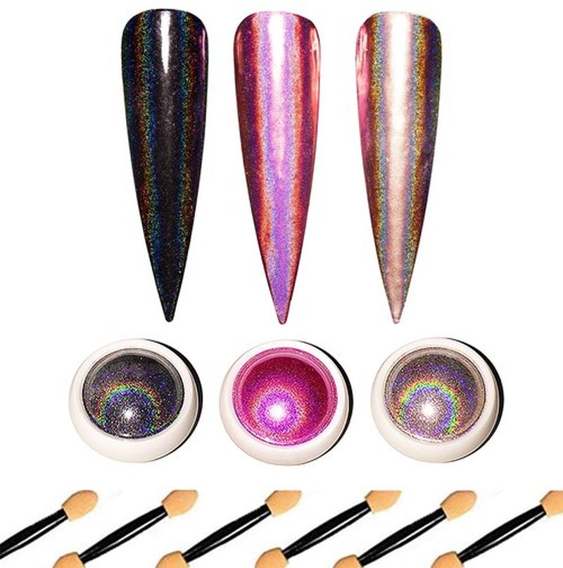 3 Colors Holographic Nail Powder Pack- Rose Gold/Passion Pink/Black Chrome Holographic Effect- 0.4g/ Jar