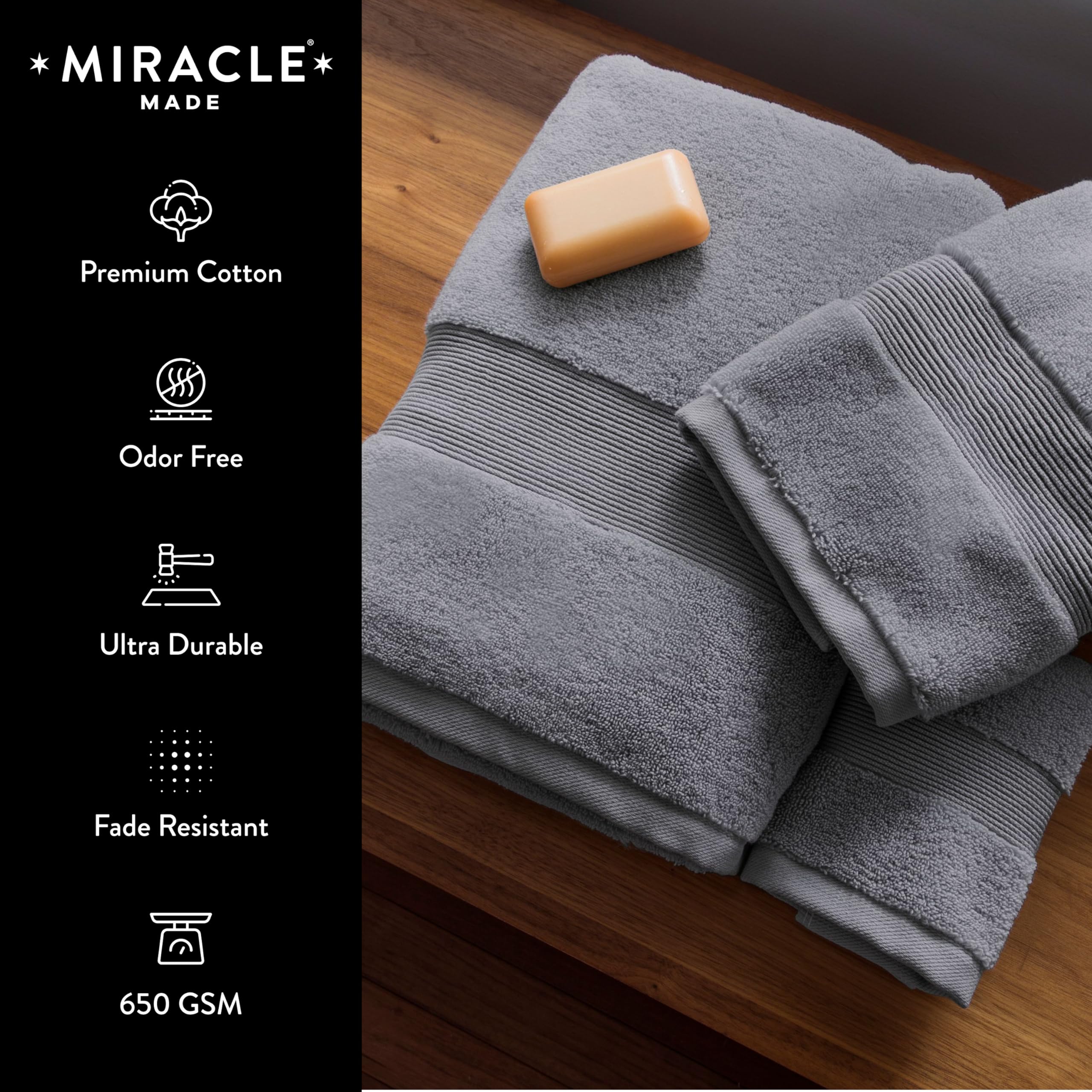 Miracle Made Soft Face Towel, Long-Staple Silver-Treated Cotton Fabric – Fade Resistant, Highly Absorbent, Quick-Drying Wash Cloth, Stone