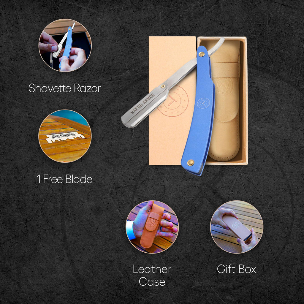 Naked Armor Samson Shavette Straight Razor, Replaceable Single Edge, Blue