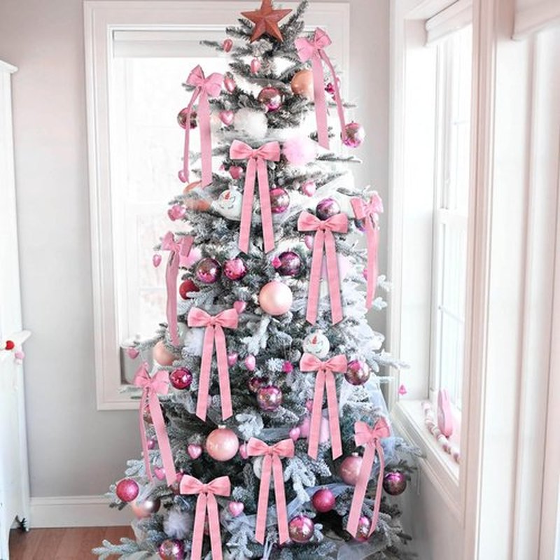 Skiennix 12Pcs Pink Velvet Bows - Elegant Valentine's Day Tree Decorations | 5in x 10in Easter & Spring Ornaments