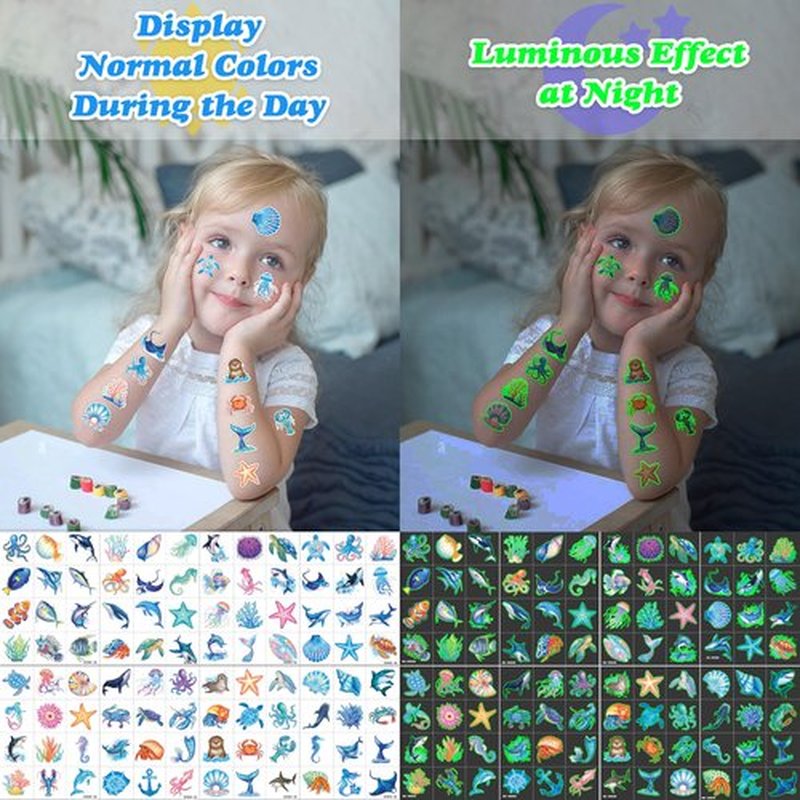 96 PCS Ocean Sea Animal Shark Whale Fish Pre-Cut Luminous Glow in the dark Temporary Tattoos for Kids | Super Cute Themed Birthday Party Favors Supplies Decorations, Fake Tattoos Gifts for Boys Girls
