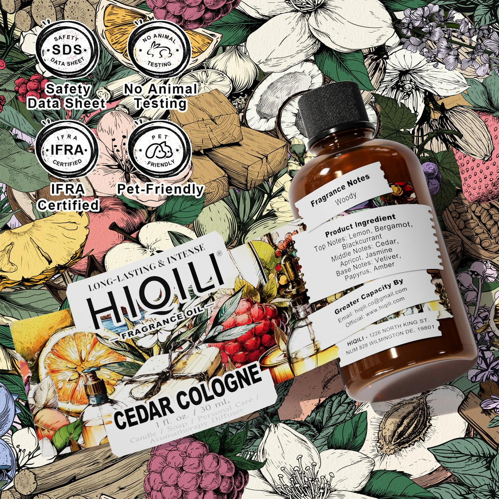HIQILI Cedar Cologne Fragrance Oil for DIY Candle & Soap Making, Long-Lasting, Luxury Hotel Scents for Diffuser - 1 Fl Oz