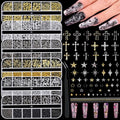6 Boxes 3D Metal Nail Art Charms, Gold Silver Black Star Cross Nail Studs Metallic Caviar Beads for Nails Design Y2K Charms Punk Nail Chains Nail Decorations with Tweezers for DIY Manicure Supplies