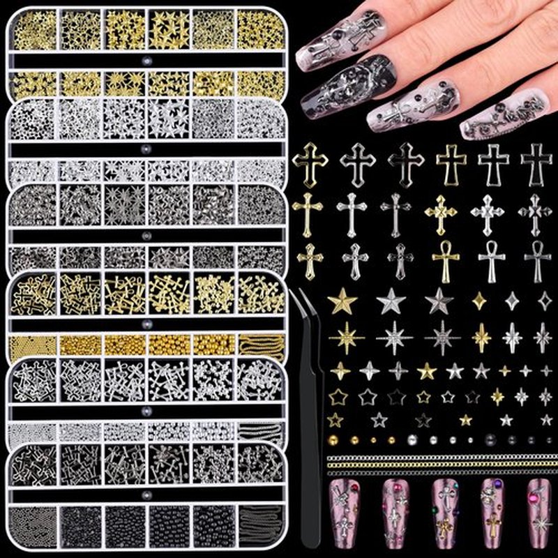 6 Boxes 3D Metal Nail Art Charms, Gold Silver Black Star Cross Nail Studs Metallic Caviar Beads for Nails Design Y2K Charms Punk Nail Chains Nail Decorations with Tweezers for DIY Manicure Supplies