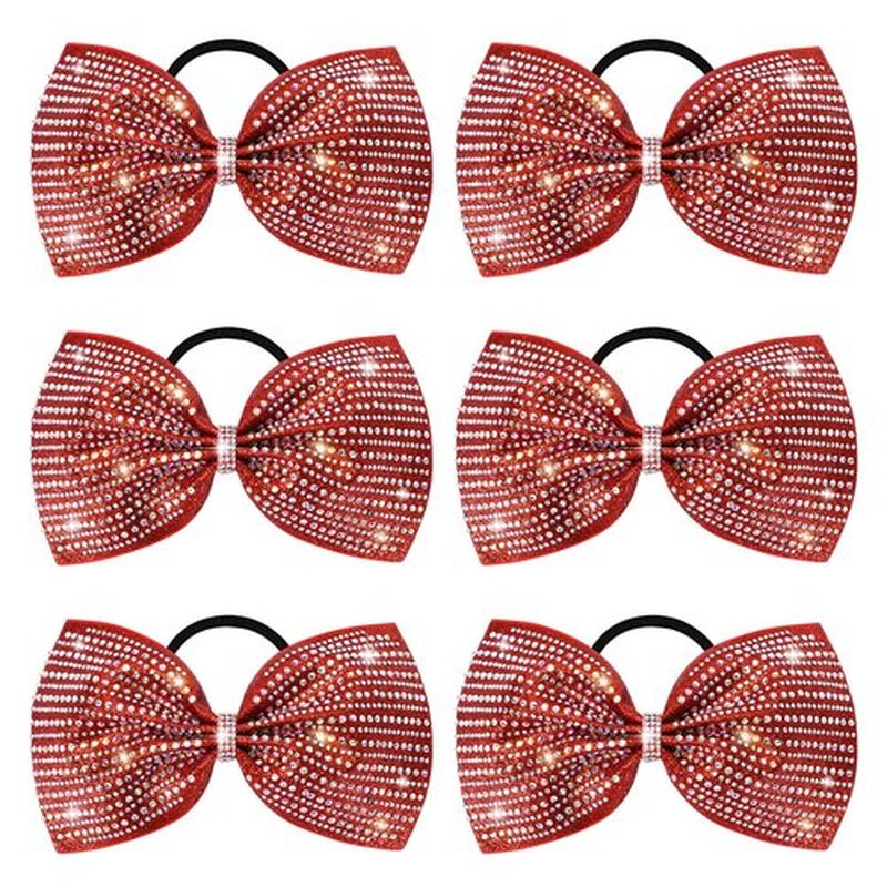 DEEKA 6 PCS Red Glitter Tailless Cheer Bows Large 6.5" Rhinestones Competition Hair Bow Elastic Band for Cheerleading Cheerleaders Girls (Glitter Red)