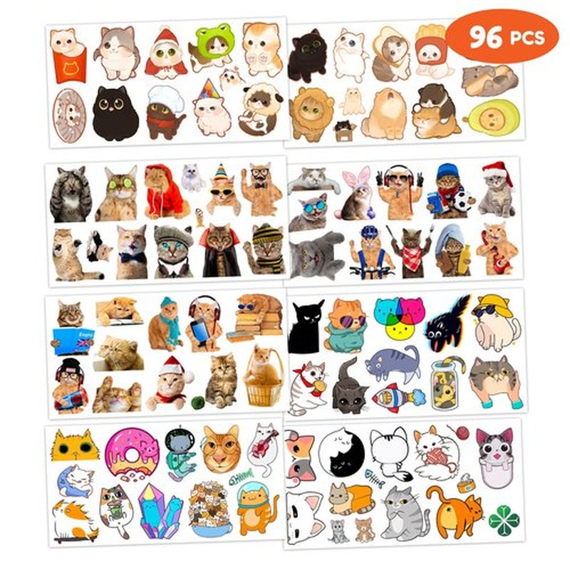 96 PCS Cute Funny Meme Cat Cats Temporary Tattoos Stickers Themed Birthday Party Decorations Supplies Decor Favors Animal Pet Tattoo Sticker Gifts For Kids Boys Girls School Prizes Christmas