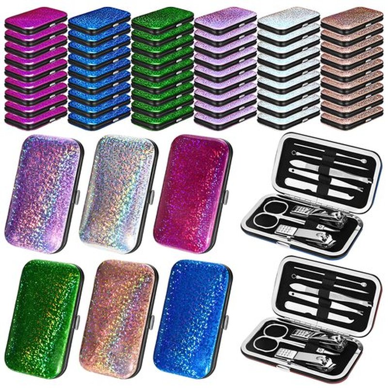 Leriton 60 Pack Manicure Set Bulk Gifts Stainless Steel Nail Clipper Set with Case 8 in 1 Personal Pedicure Kit for Women Men Gifts for Christmas(Mix Color,Laser)