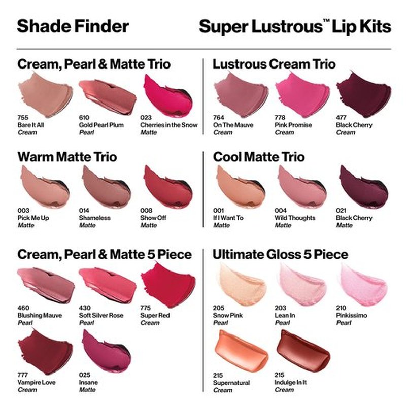 Revlon Super Lustrous 3-Piece Lipstick Gift Set, High Impact, Moisturizing, Cream Finish, 764 On The Mauve, 778 Pink Promise, 477 Black Cherry, 0.45 Oz