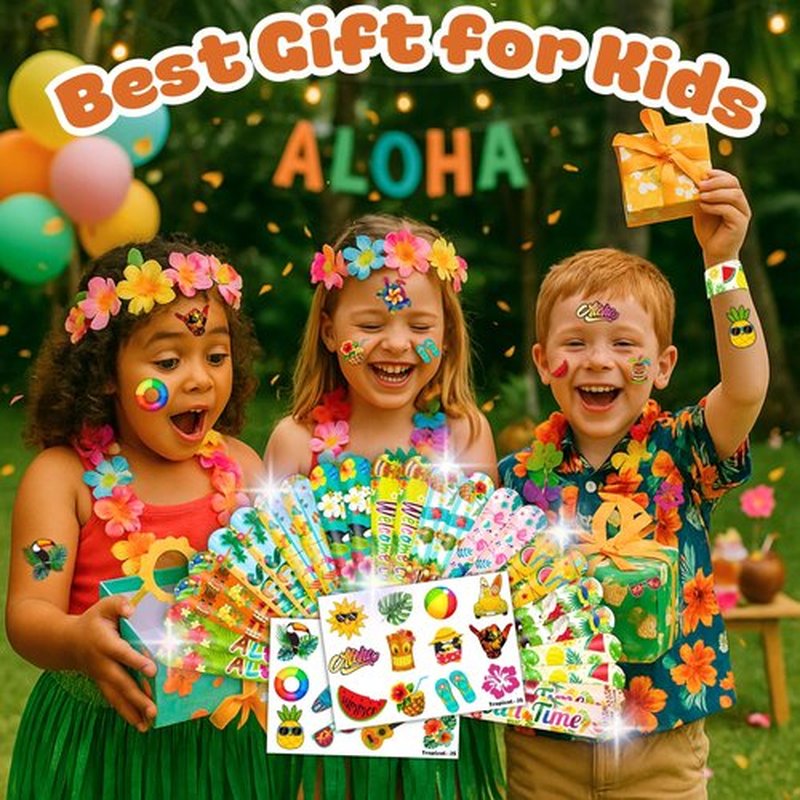 Cherisnowy 48PCS Hawaiian Party Set - 24PCS Temporary Tattoos & 24PCS Slap Bracelets - Summer-Themed Birthday Supplies, Baby Shower Gifts, Classroom Rewards & Party Decor for Kids (Boys & Girls)