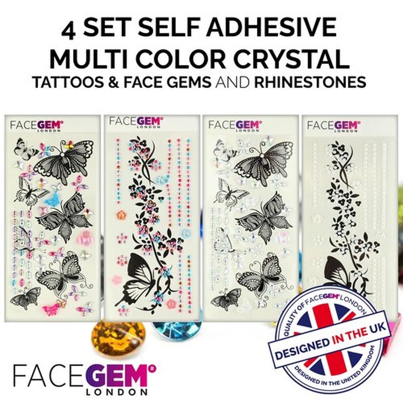 4 Sheet Temporary Tattoos - 4 Sheets Large Butterfly Fake Tattoos with Rhinestones - Temporary Tattoos for Women and Girls – Waterproof Tattoos for adults, Semi Permanent Transfer Tattoo
