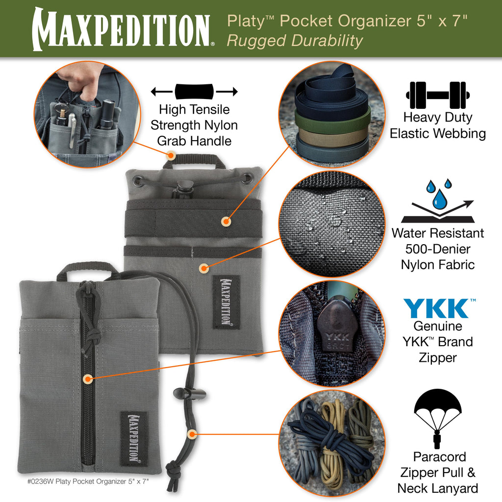 MAXPEDITION Platy Pocket Organizer, Durable EDC Tool Pouch for Men, Neck Wallet with Paracord Lanyard, Holds Flashlight, Multitool, Pen, Notebook (Wolf Gray, 5" x 7")