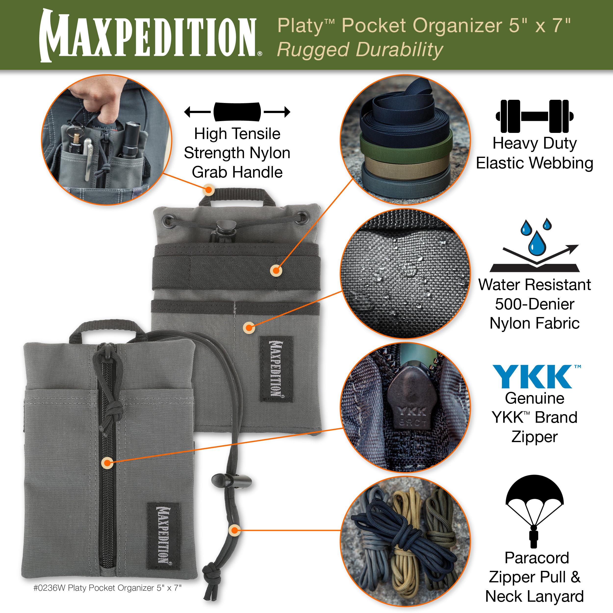 MAXPEDITION Platy Pocket Organizer, Durable EDC Tool Pouch for Men, Neck Wallet with Paracord Lanyard, Holds Flashlight, Multitool, Pen, Notebook (Wolf Gray, 5" x 7")