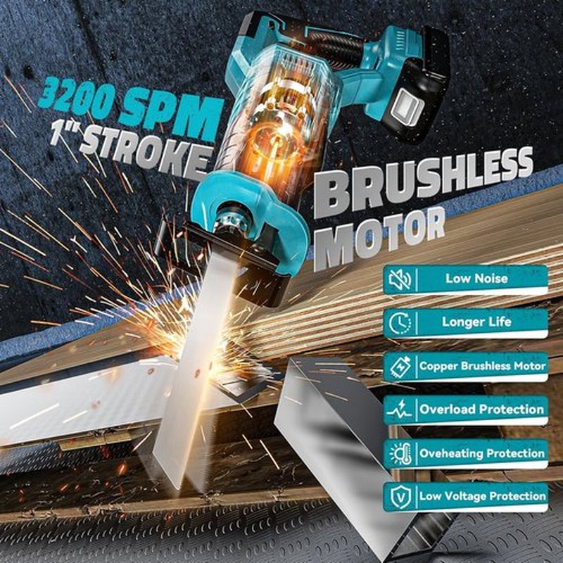Cerycose Cordless Reciprocating Saw - Compatible with Makita 18V Battery | Variable Speed, 4 Blades for Metal, Wood, PVC