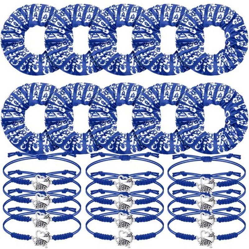 Hanaive 20 Pcs Hair Scrunchies and Adjustable Cheerleader Bracelets, Blue, Hair Ties and Charms for Cheer Team Gifts, Cheerleading Birthday Party