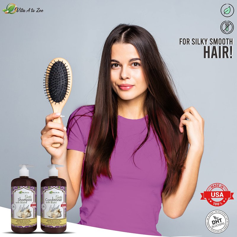 Vita A to Zee Garlic Hair Shampoo & Conditioner with Anti DHT Blocker – Garlic Natural Hair Treatment for Hair Growth, Loss, Thinning & Itchy Scalp – Sulfate & Paraben Free, Cruelty Free & Vegan