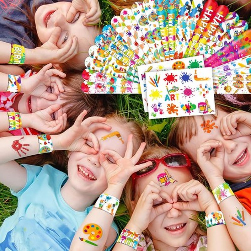 48PCS Art Party Favors - 24PCS Tattoos & 24PCS Slap Bracelets - Creative Birthday Supplies, Painting-Themed Decorations, Classroom Prizes, Gifts for Boys & Girls
