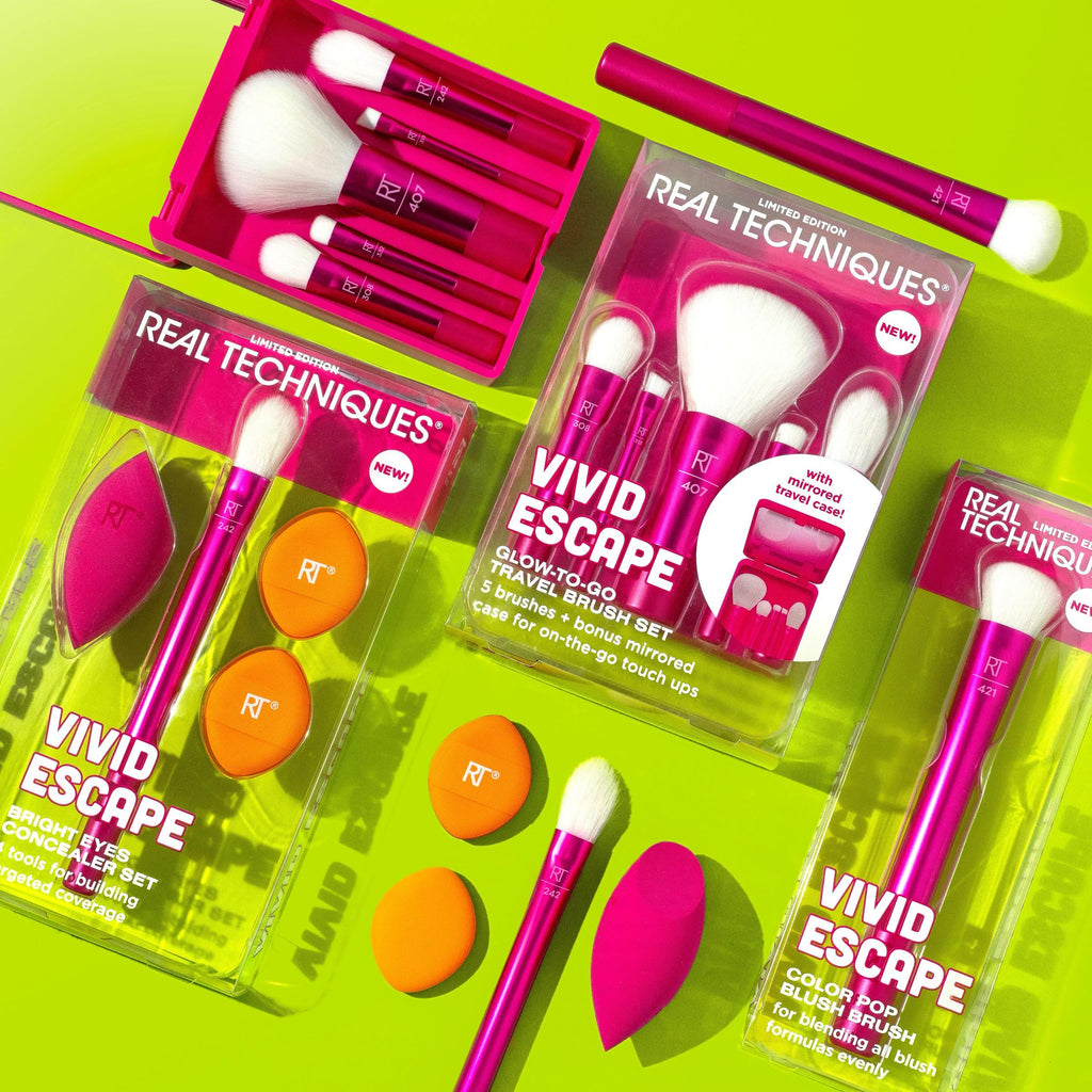 Real Techniques Vivid Escape Glow-To-Go Travel Makeup Brush 6 Piece Set, Mini Size Makeup Brushes for Eyeshadow, Concealer, Contour, & Blush, Includes Mirror Cosmetic Case, Cruelty-Free & Vegan