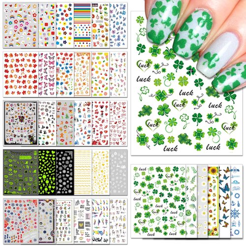 IDDFEVE 36 Sheets Varied Nail Art Stickers, All Holiday Variety Pack Seasonal Nail Decals, Self-Adhesive Pegatinas Uñas Colorful Design for Flowers Butterflies Luminous Star Halloween Christmas