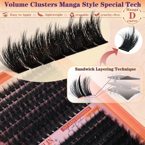 Thick Lash Clusters With Spikes 180D+280D Volume Eyelash Clusters 12-22MM Long Manga Lash Extension Spiky Cluster Eyelash Extensions 224Pcs Manga Individual Lashes DIY at Home by Anforlin