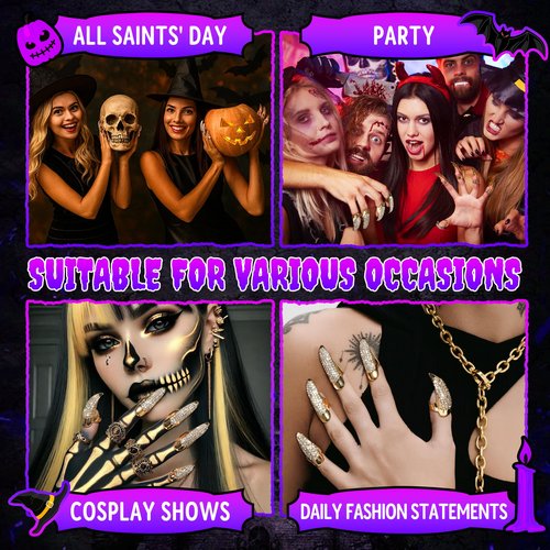 10 Pcs Halloween Costume Claws Fake Nails Ring Set, Gothic Punk Crystal Full Finger Rings 3 Sizes Retro Metal Paved Paw Bend Fingertip Claw Rings for women Men Nail Art Holiday Party (Golden)