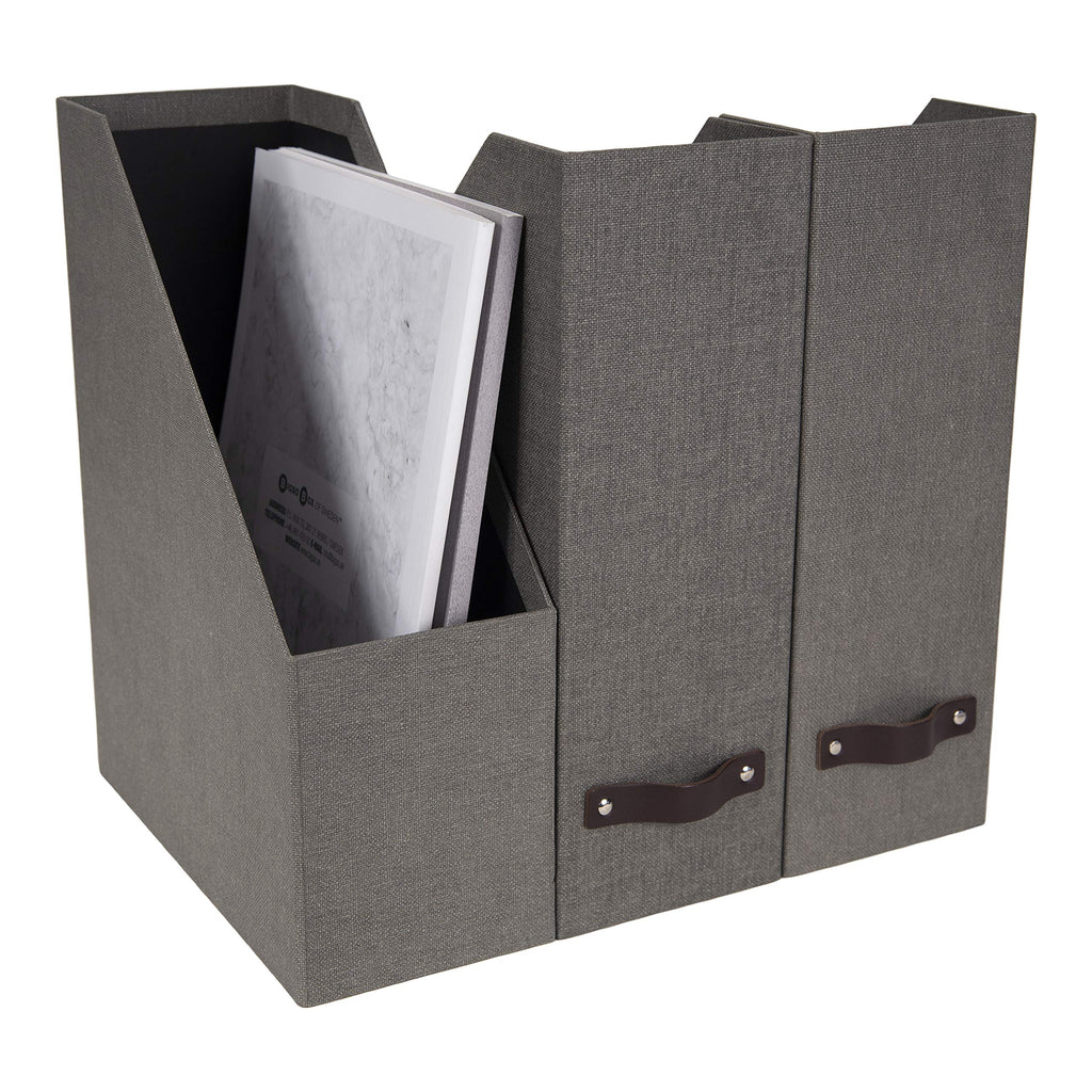 Bigso Box of Sweden Estelle Canvas Fiberboard Upright Magazine Storage Box Organizer for Papers & Catalogs w/Leather Handle | Magazine File Holder for Office Desks | 12.6" x 4.5" x 9.8" | Gray